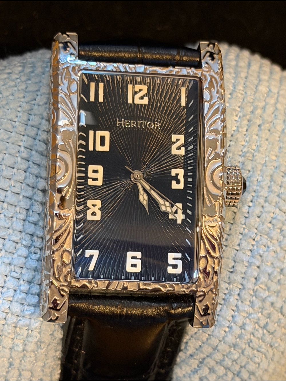 Heritor Jefferson Mens Automatic Silver Engraved Rectangular Black Leather Watch